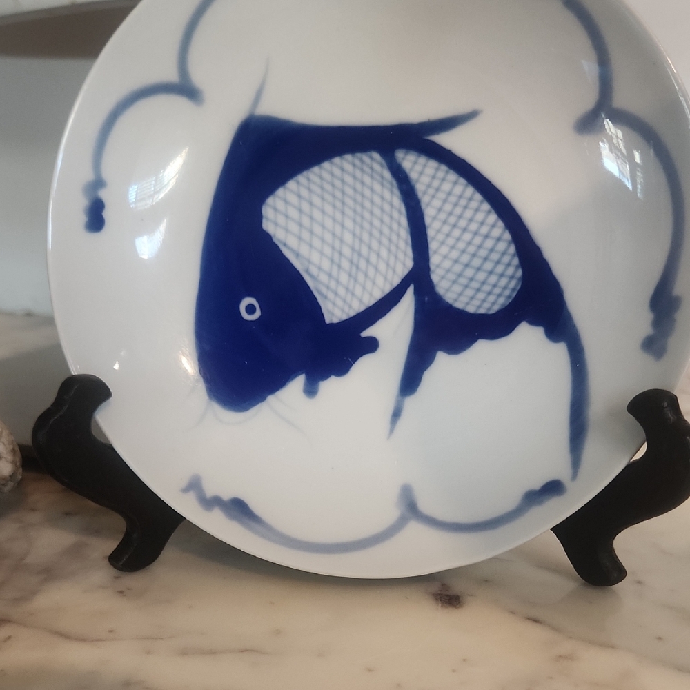 Vintage Koi Artisan Blue Fish Motif Plate Handpainted 7.5"